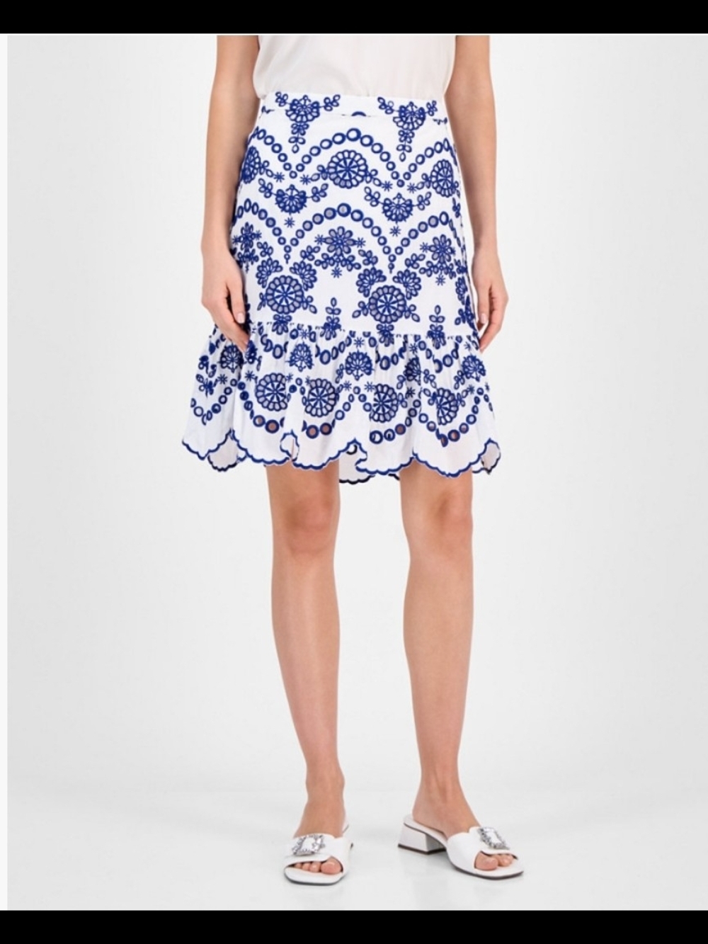 Anne Klein White Skirt with Blue Eyelet Embroidery - Picture 2 of 8